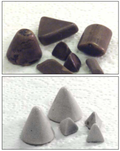Fig 1. Images of high density non-abrasive ceramic (top) and non-abrasive plastic media (bottom).