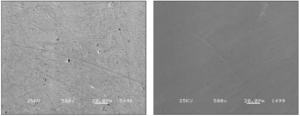 Fig 3. SEM images at 500X of surfaces superfinished with ceramic (left) and plastic (right) media.