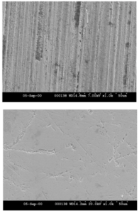 Figure 4: Scanning electron micrograph (1000X) of a ground/honed specimen (top) and an ISF surface (bottom) after processing (courtesy of AGMA from 01FTM7).