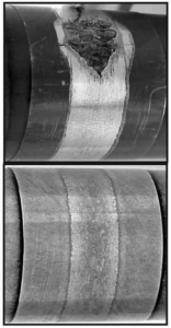 Figure 14: The top image shows a ground/honed specimen that has failed due to pitting at 3.5 million cycles at a load of 400 ksi The bottom image shows an ISF specimen that has survived 20 million cycles at each of three contact stress loading steps from 400 ksi up to the test rigs limit of 450 ksi without failure.