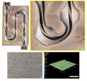 Figure 8: Images of a sectioned component (PBF-EB/Ti-6Al-4V) showing the same demonstration AM channel as in Figure 6 after CP.